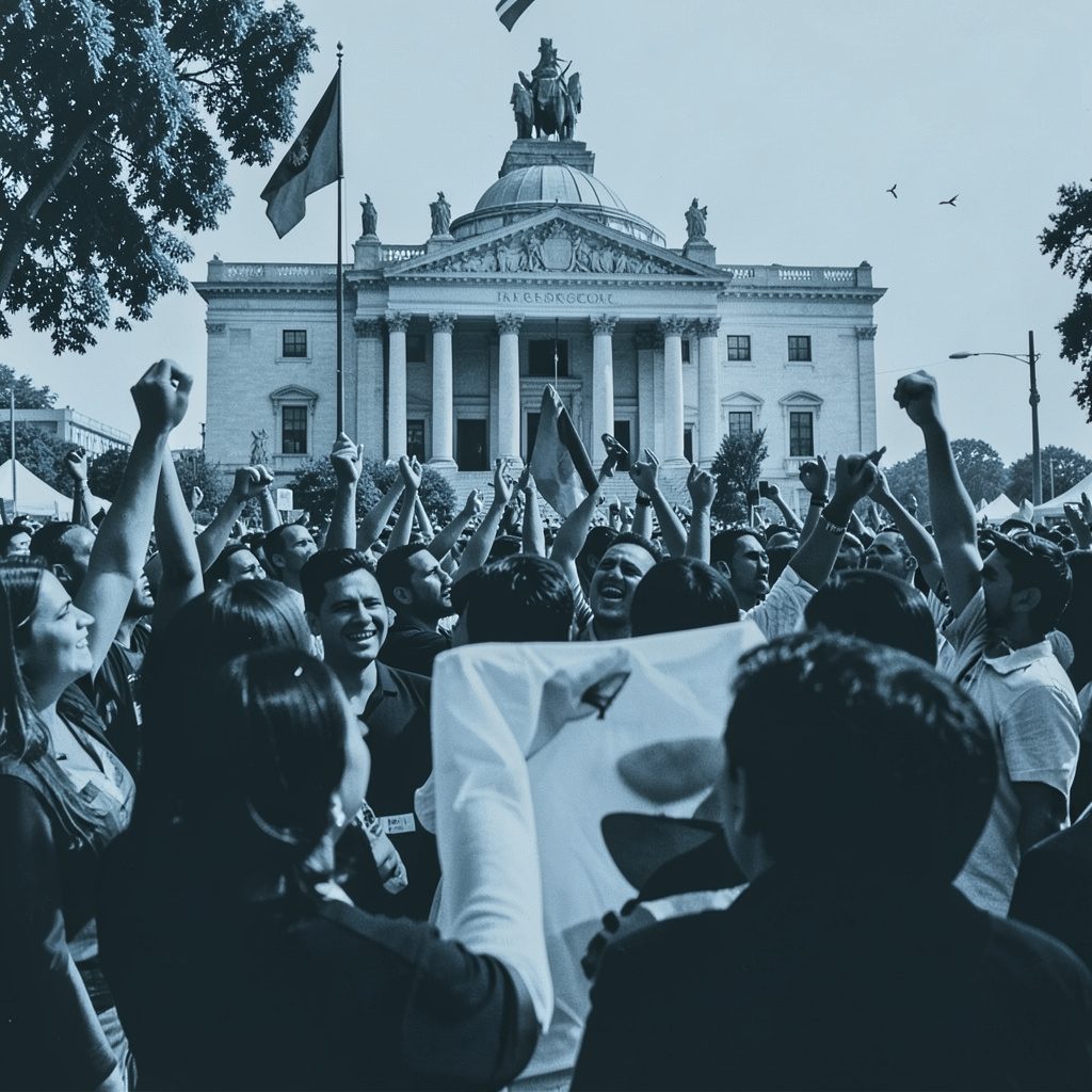 Fotografía en duotono azul y blanco de personas reunidas en un espacio amplio, con un ambiente de colaboración y serenidad.