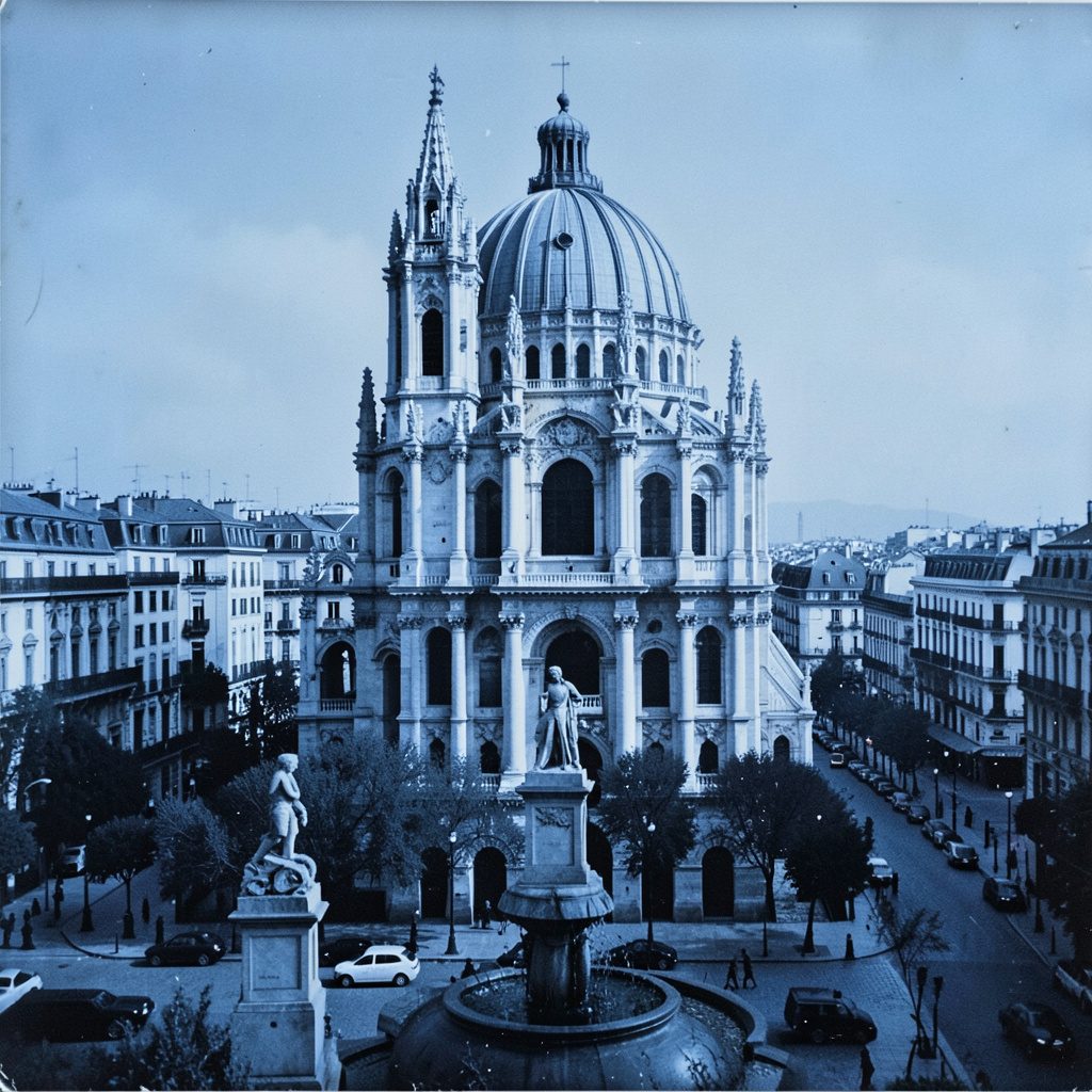 Fotografía en duotono azul y blanco de una plaza urbana amplia con edificios al fondo, transmitiendo apertura y vida comunitaria.