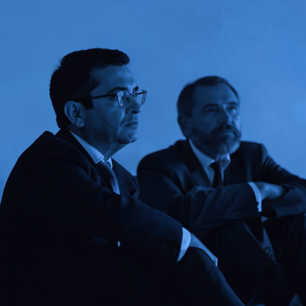 Fotografía en duotono azul marino y blanco de un espacio de reunión con sillas dispuestas en círculo, transmitiendo diálogo y comunidad.